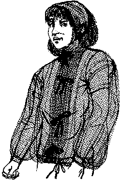 Black and white image of person wearing jacket that covers head and arms
